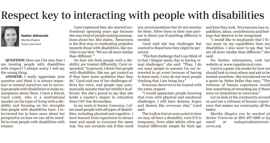 Article written about Carol Leish: Respect key to interacting with people with disabilities.